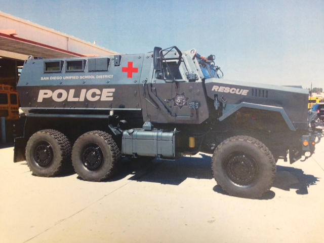 A photo of the 2013 Caiman MRAP acquired by the San Diego Unified School District Police Department. The decals have been digitally rendered onto the vehicle. Courtesy: San Diego Unified School District.