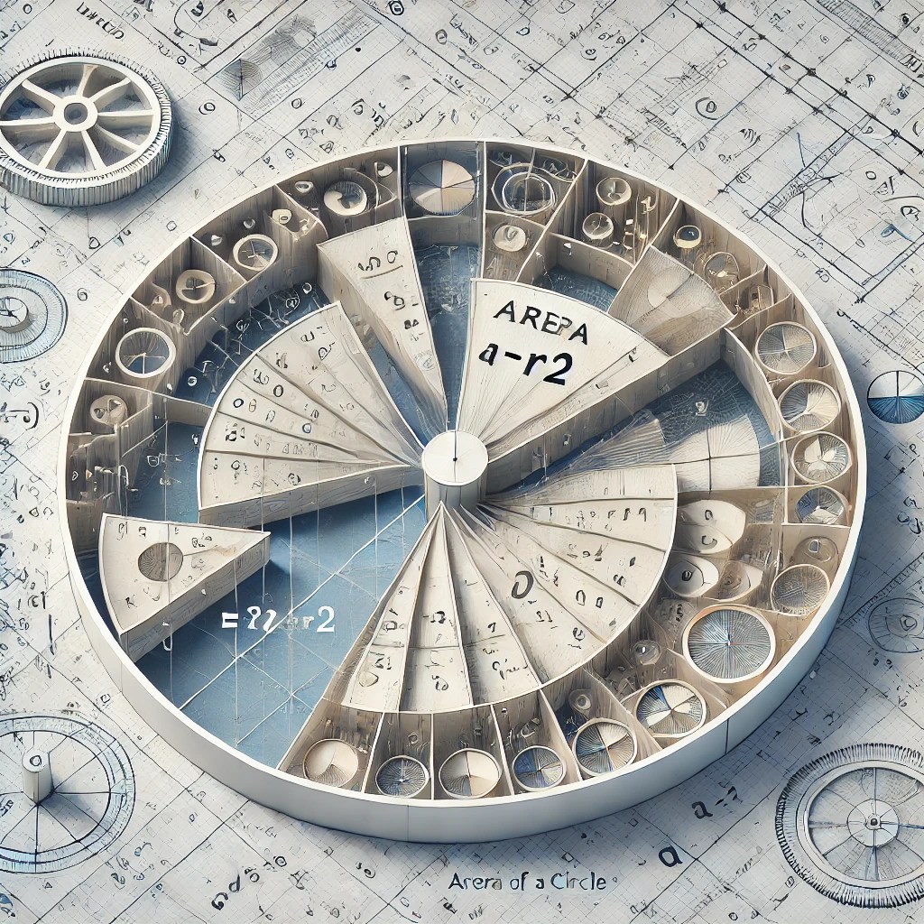 Illustration of a circle divided into triangular segments showing the derivation of the area formula A = πr² using integration, with references to geometry, calculus, and real-world applications like architecture and engineering
