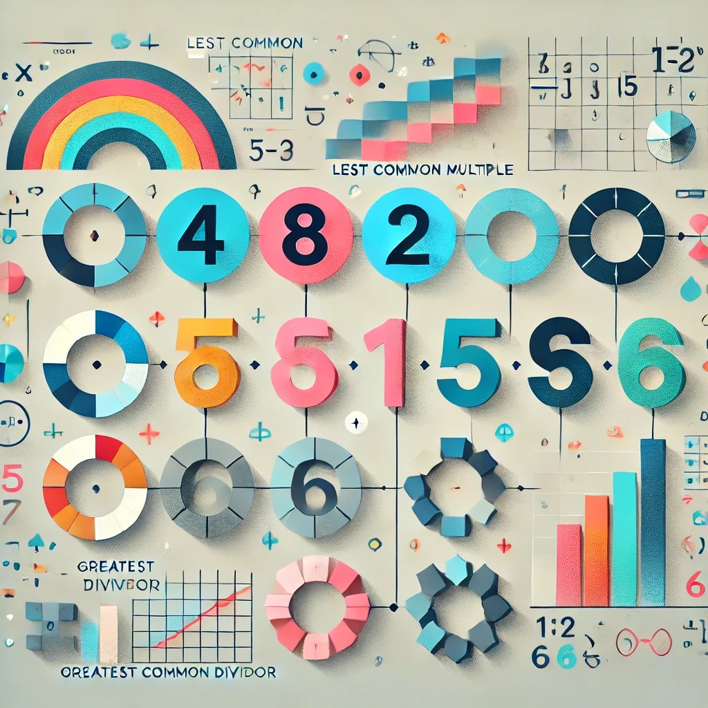 Illustration of Least Common Multiple and Greatest Common Divisor with visual examples of aligning number cycles and shared number factors, designed for educational math blog.