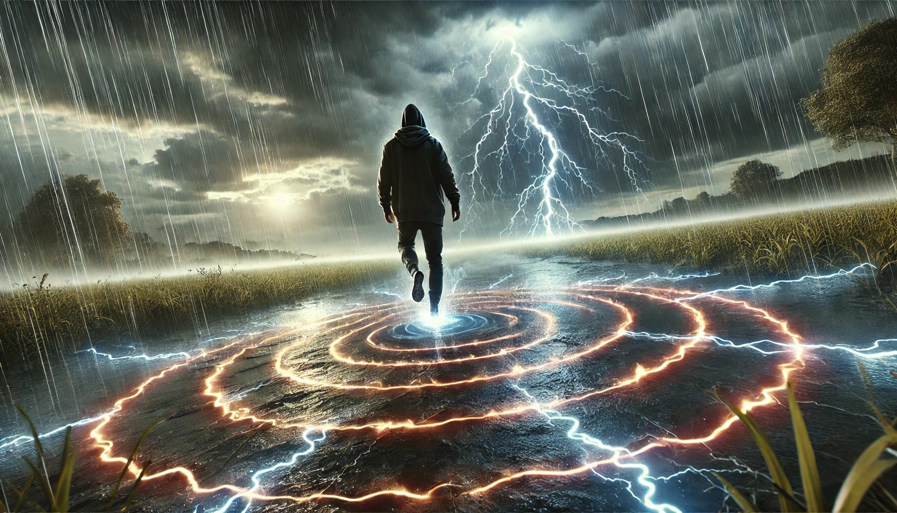 Illustration of step voltage during a thunderstorm with a person walking in an open field as lightning strikes the ground nearby, highlighting the danger of ground potential difference and lightning electrocution risk.