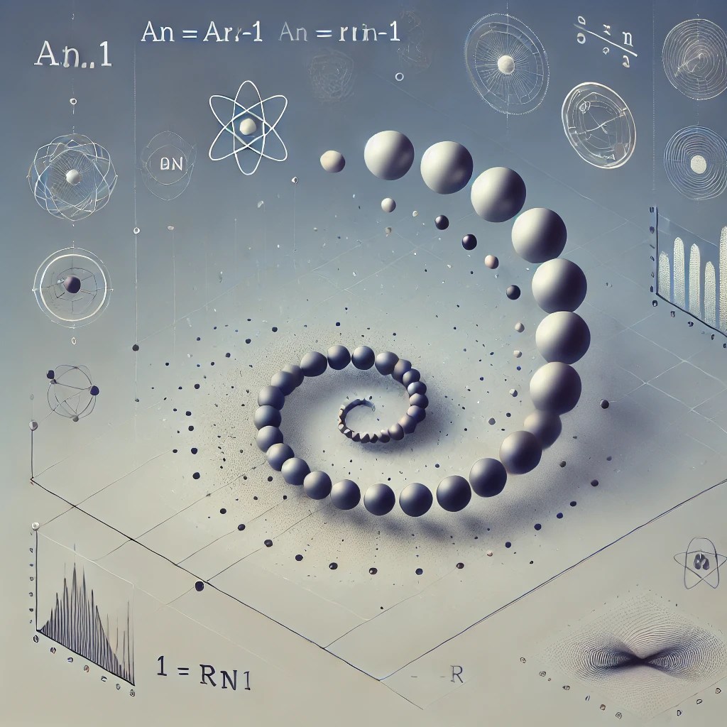 Visual representation of a geometric progression with mathematical formulas and real-world application symbols like coins, trees, and bouncing balls, illustrates the concept of exponential growth and ratio-based seque.