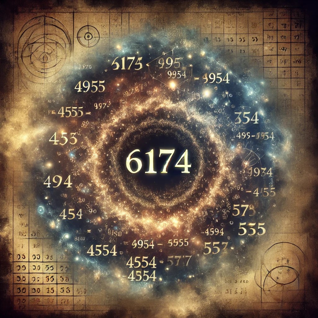 Abstract digital artwork showing Kaprekar’s Constant 6174 surrounded by swirling digits and mathematical steps, symbolizing the iterative process and the mystery of number theory.