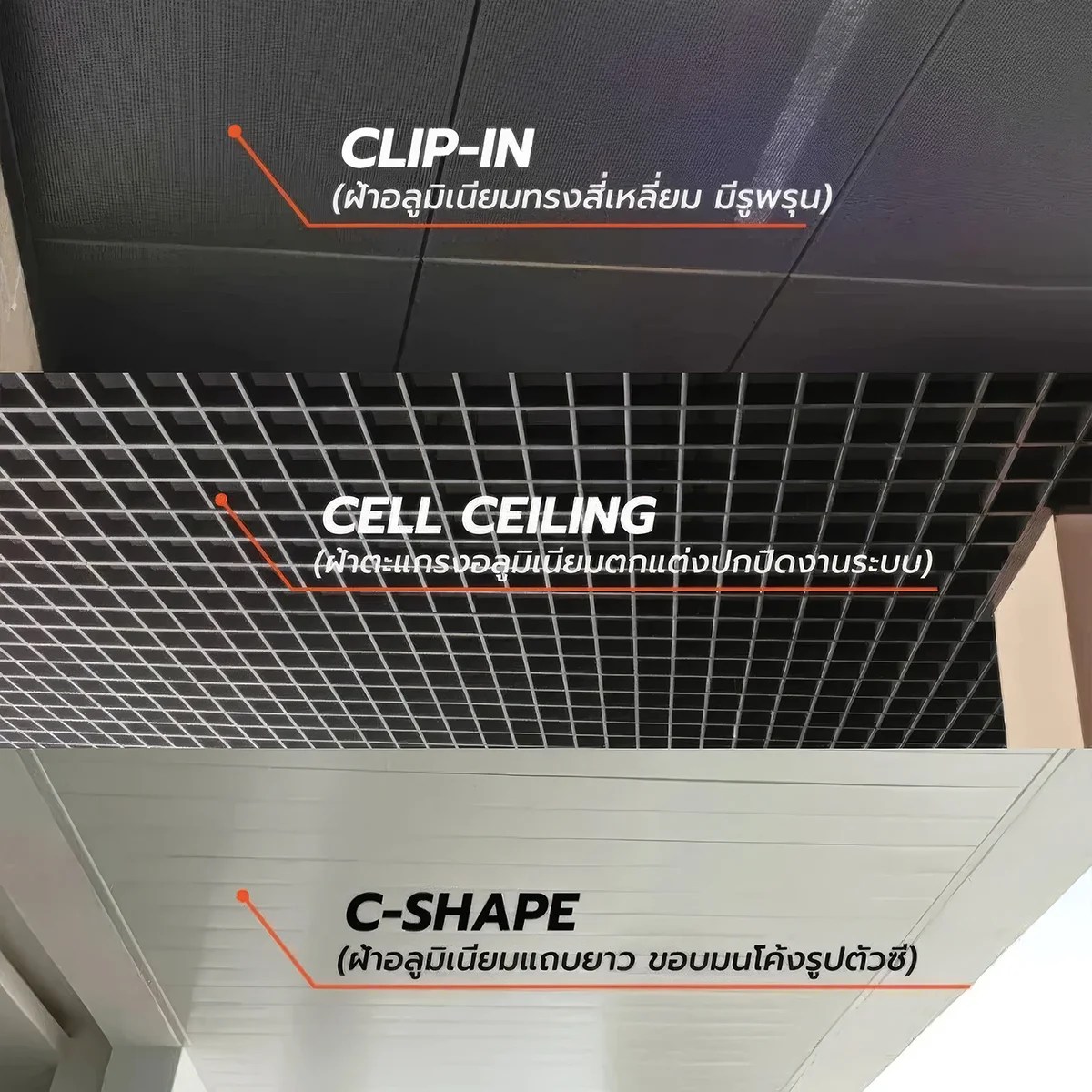 เปรียบเทียบฝ้าอลูมิเนียมแบบ Clip-in, Cell Ceiling และ C-Shape เลือกแบบไหนดี