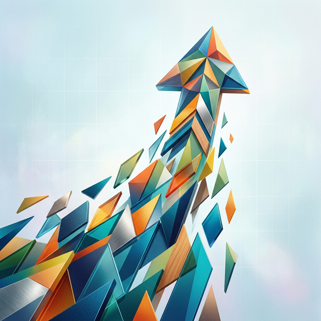 An upward-pointing arrow composed of colorful geometric shapes and fragments