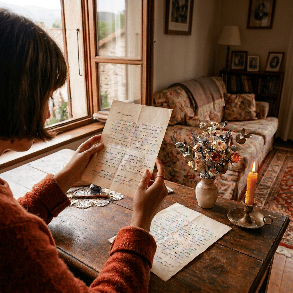 Person reading a handwritten letter beside flowers and a lit candle