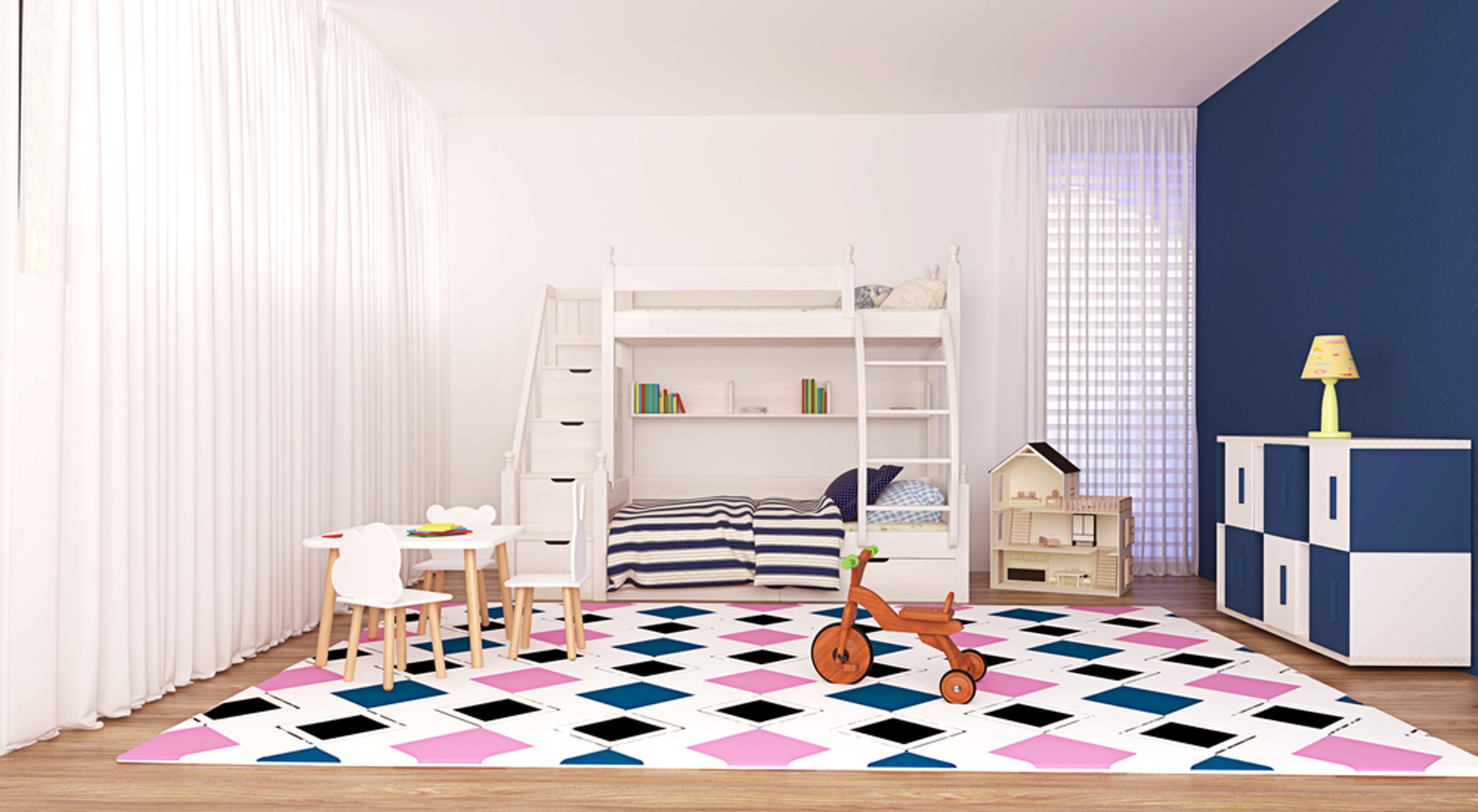 O imagine cu mobilier care economiseste spatiul intr-o camera de copii