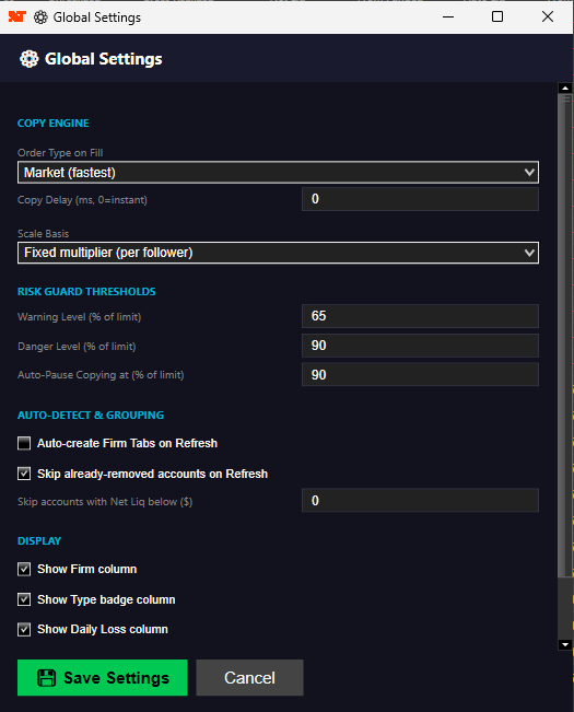 Trade Copier global settings
