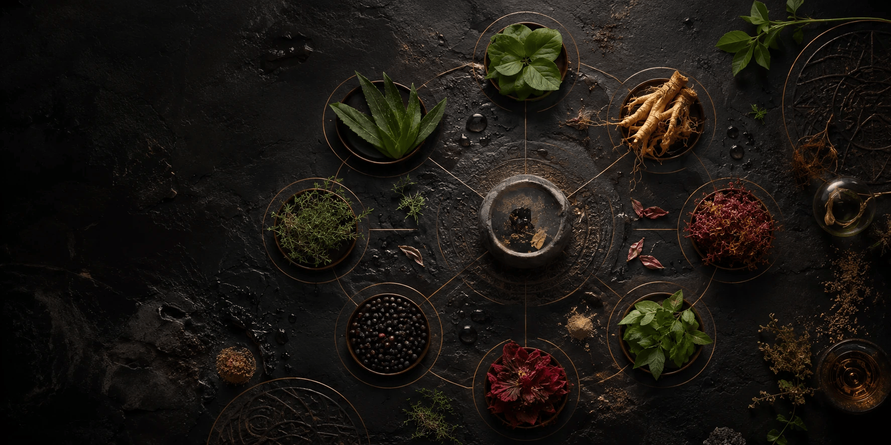 Eight botanicals arranged precisely across a dark volcanic-stone research table.