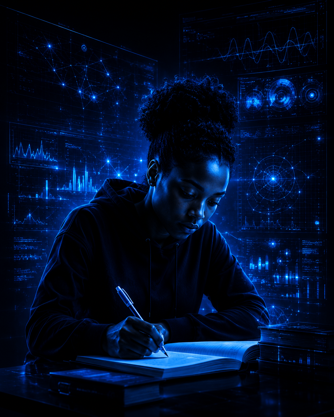 A focused student writing in a futuristic blue research environment