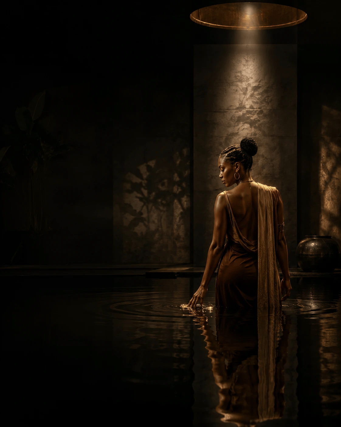 A Black woman standing in a dark reflective water sanctuary beneath warm golden light.