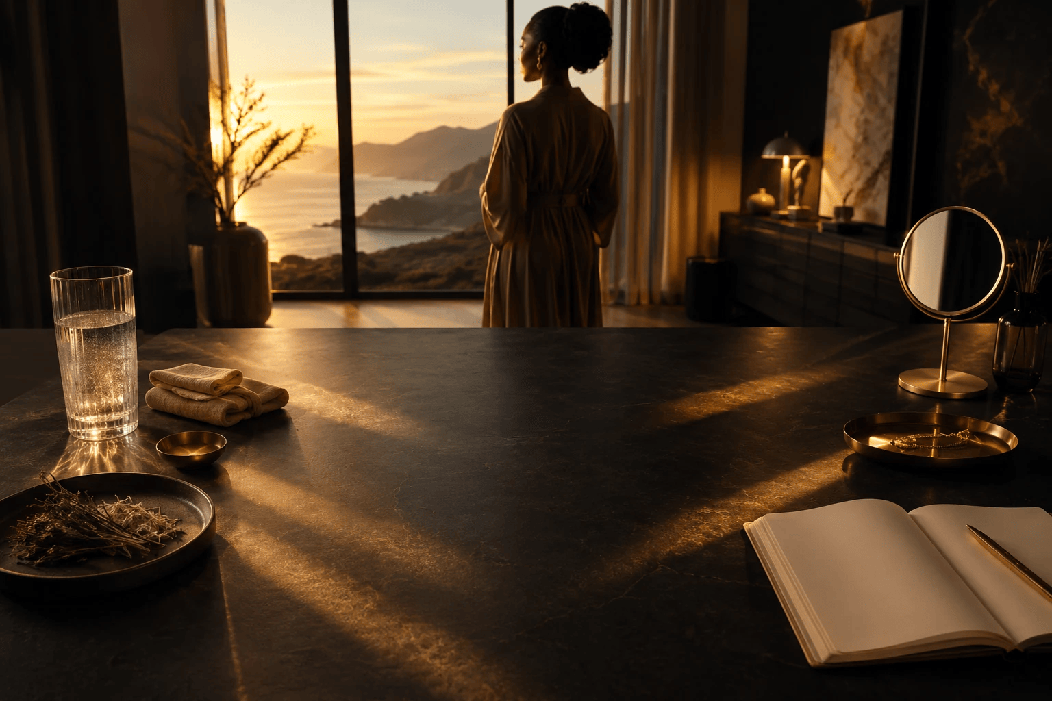 A refined morning wellness ritual arranged on a dark stone table near a dawn-lit window.
