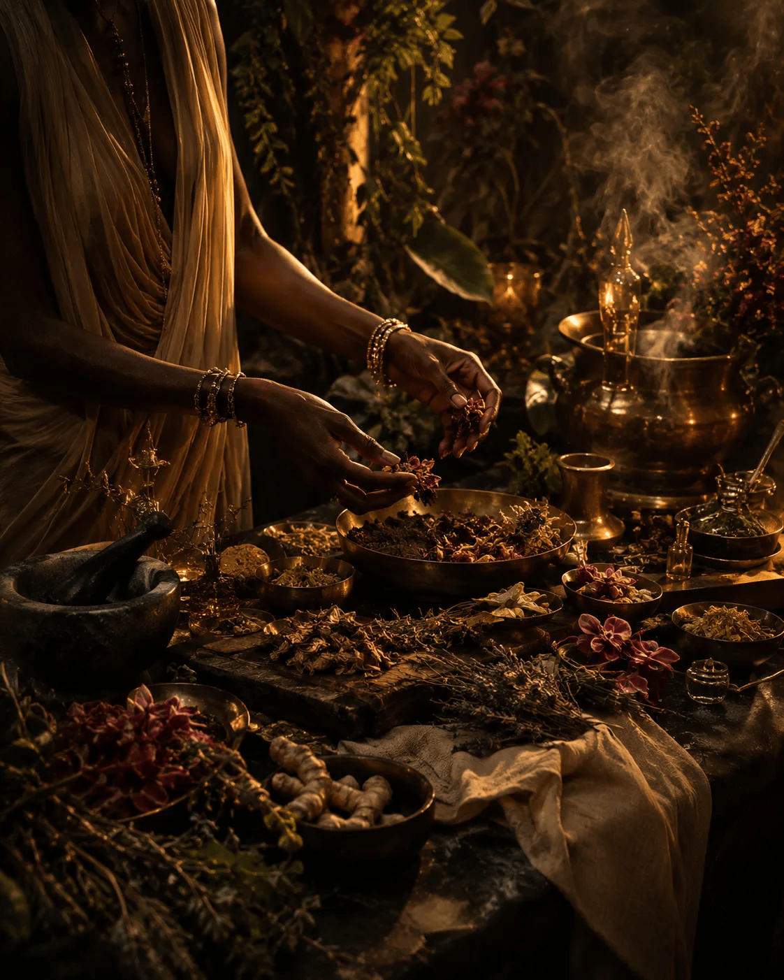 An ancestral ritual table with dried herbs, flowers, bowls, and a woman preparing botanicals in warm golden light.
