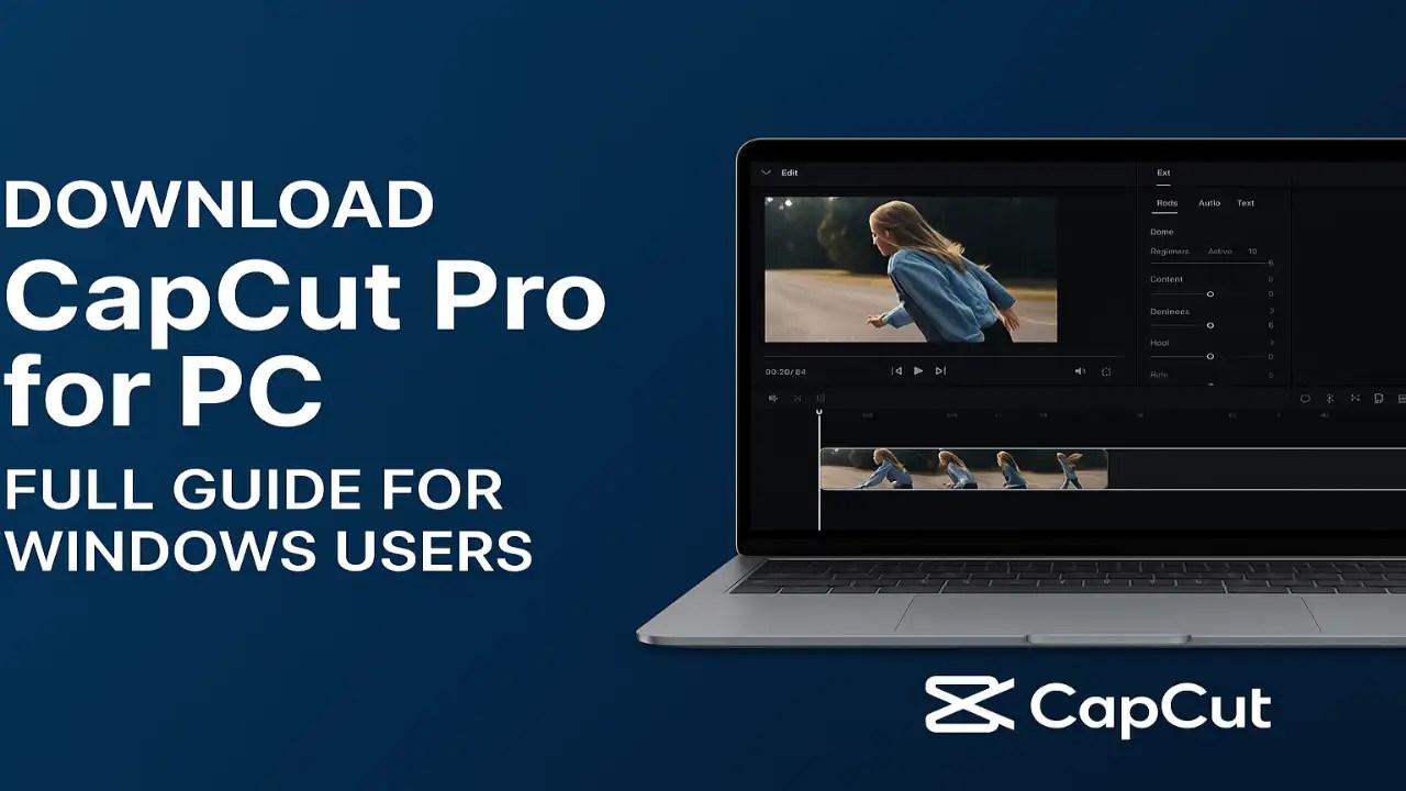 A Windows laptop displaying CapCut Pro video editing interface, with text saying 'Download CapCut Pro for PC – Full Guide for Windows Users' on a blue background.