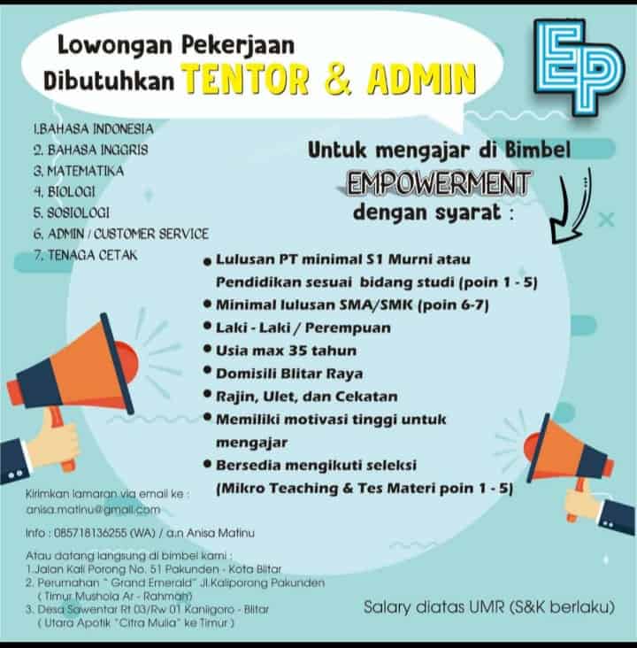( di bimbel cec cab.ke 42). Lowongan Kerja Tentor Dan Admin Di Bimbel Empowerment Info Blitar