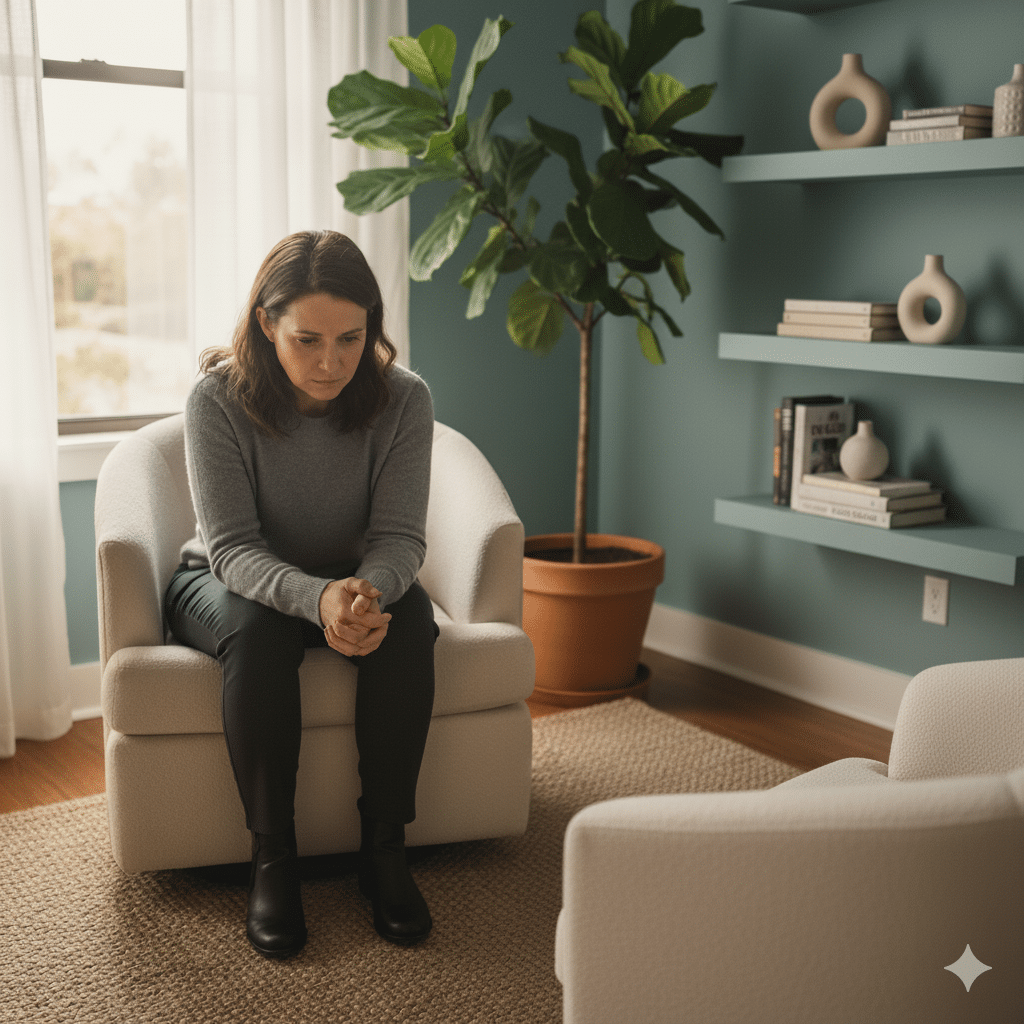 Somber woman sitting in a chair in an office