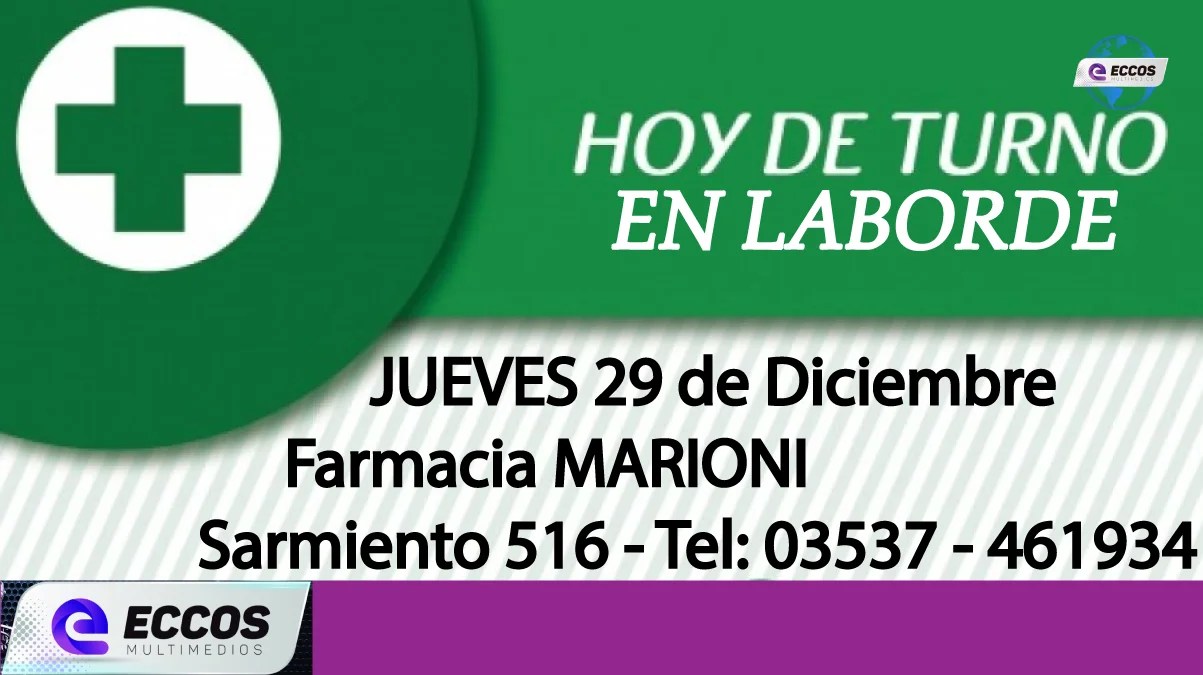 Laborde: Farmacia de turno 29 de Diciembre