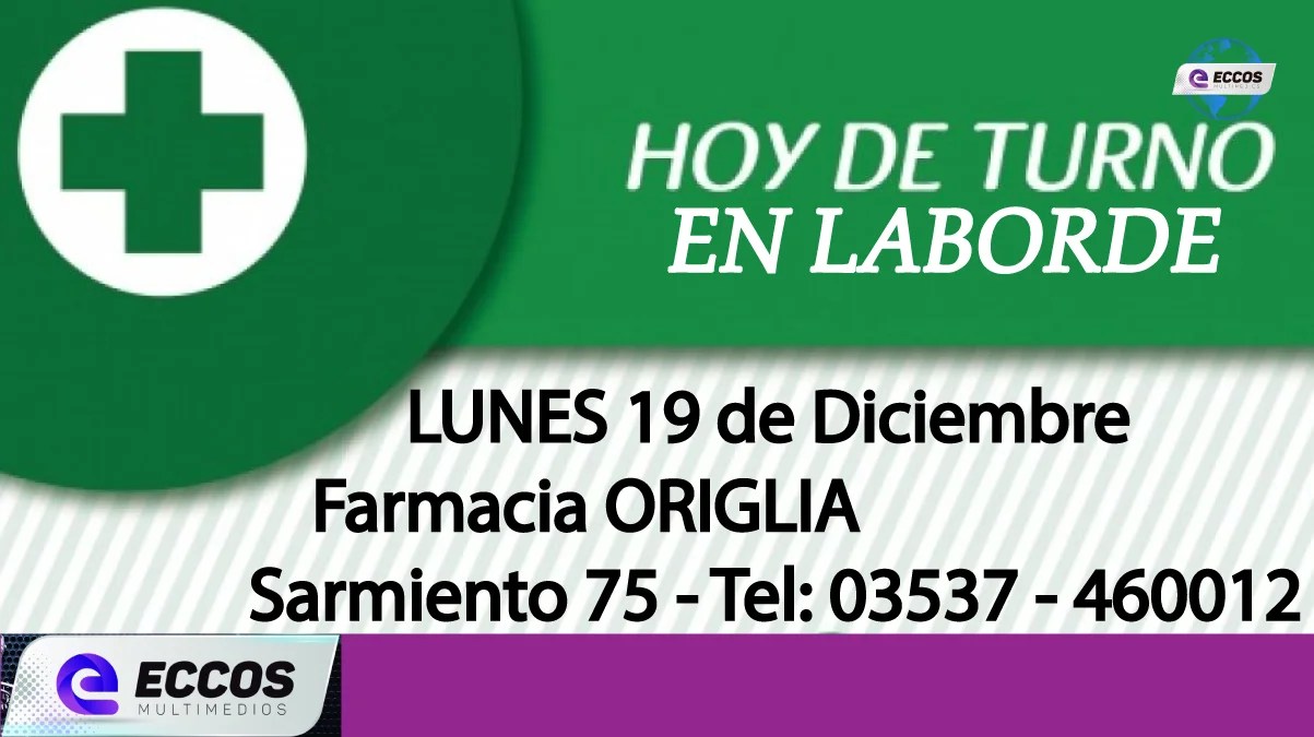 Laborde: Farmacia de turno 19 de Diciembre