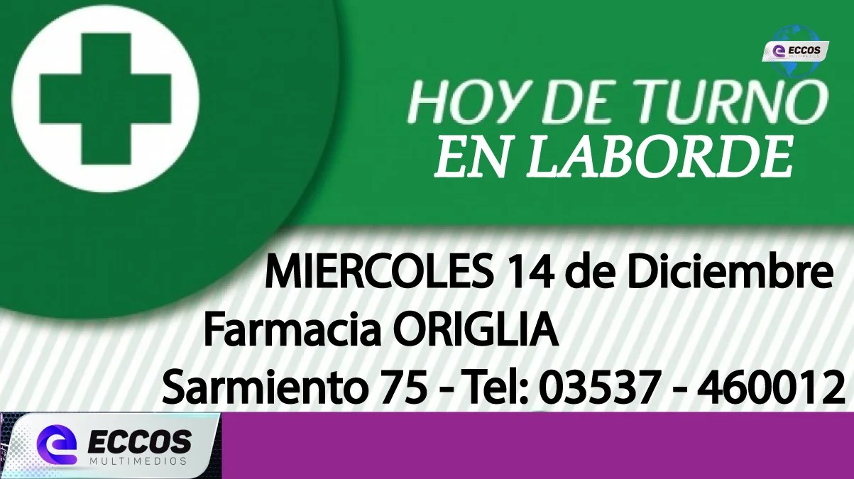 Laborde: Farmacia de turno 14 de Diciembre