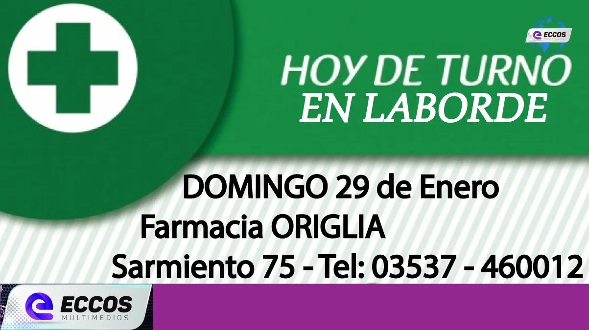Laborde: Farmacia de turno 29 de Enero