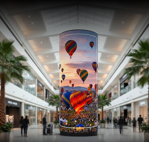360-degree cylindrical LED display used for immersive advertising