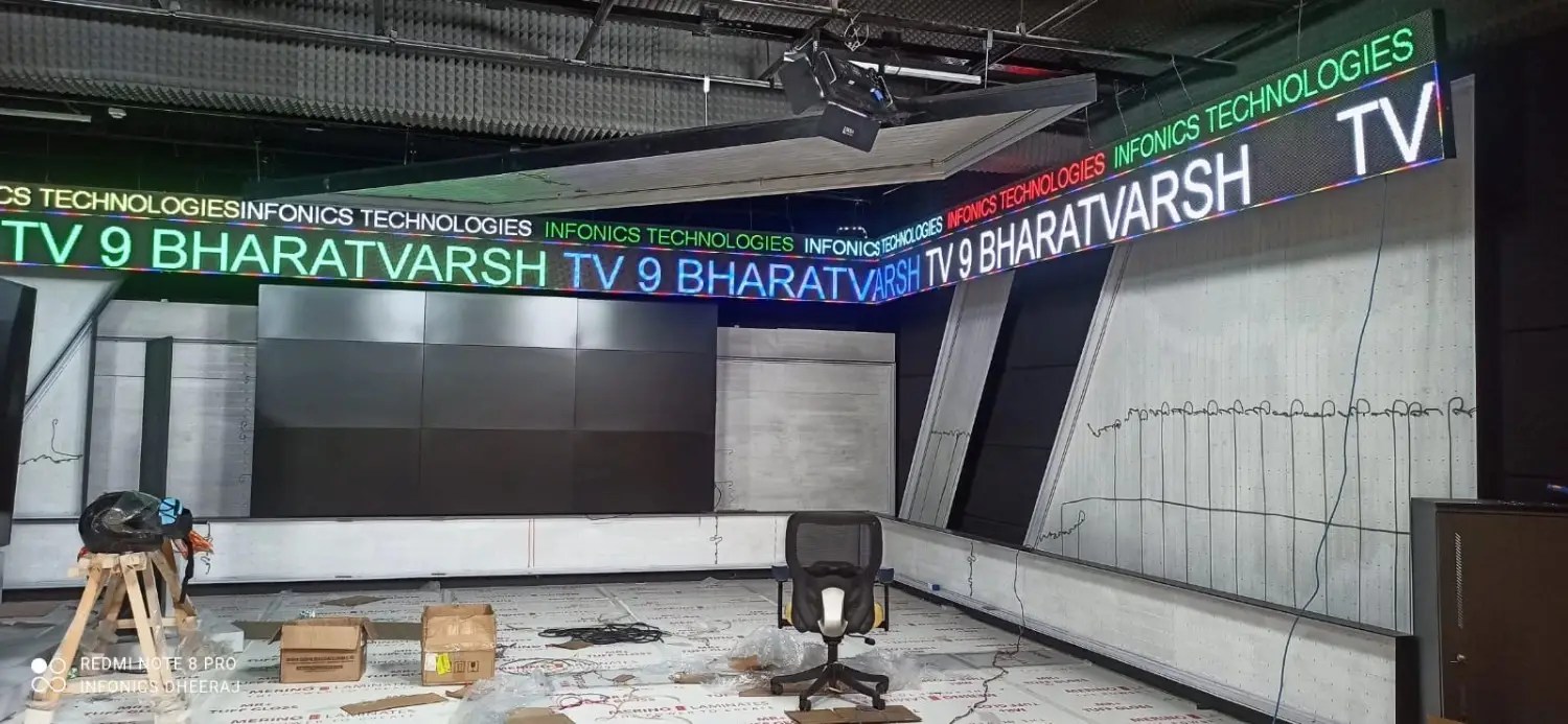 Infonics Technologies LED ticker setup inside a broadcast studio.