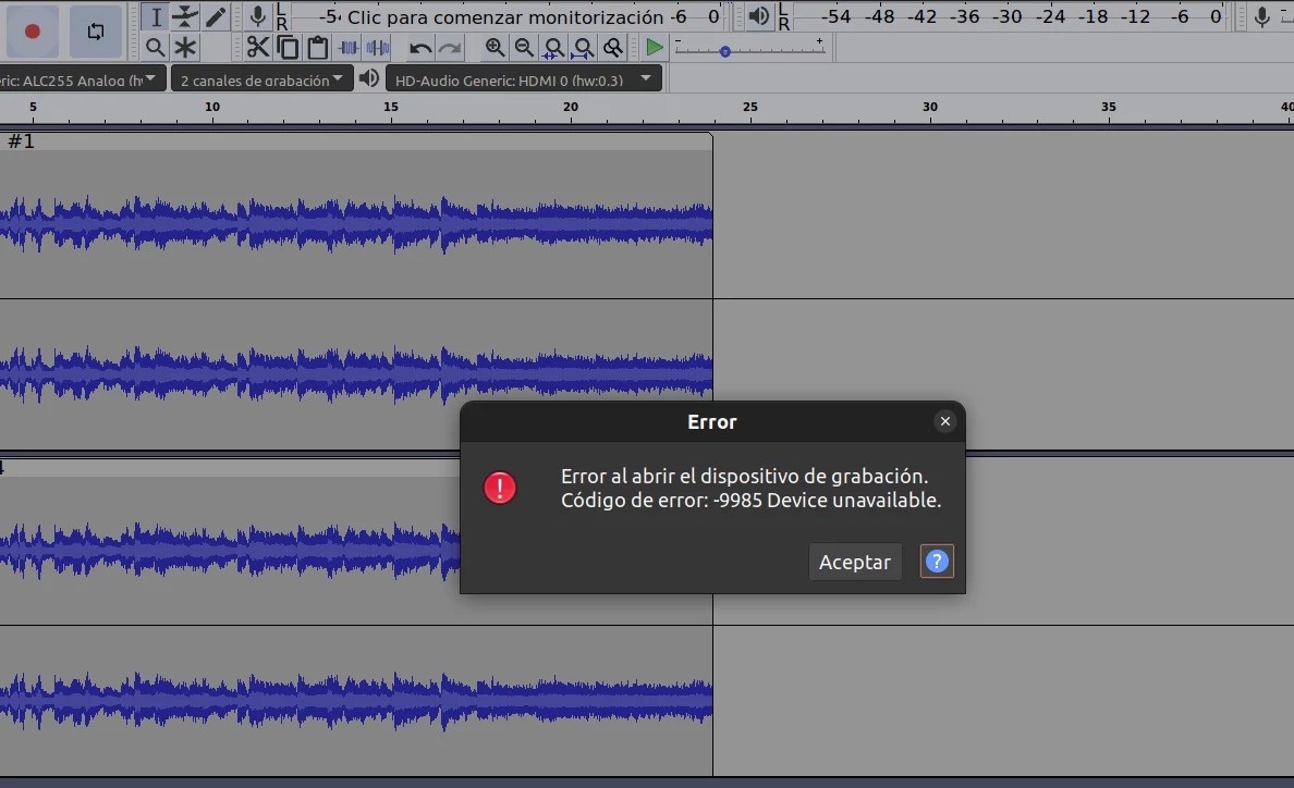 Codigo de error: -9985, Audacity