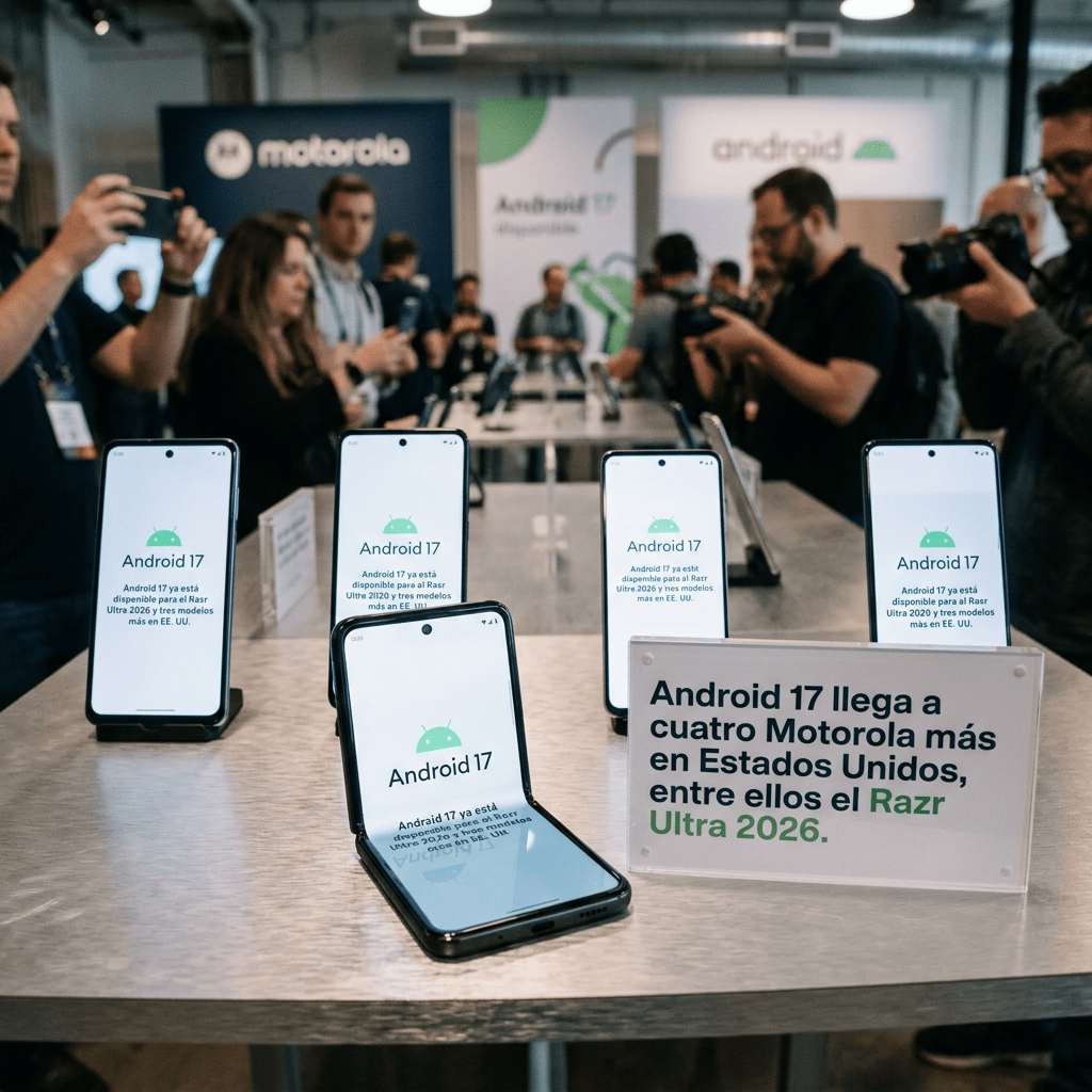 Motorola phones display Android 17; sign announces Razr Ultra 2026