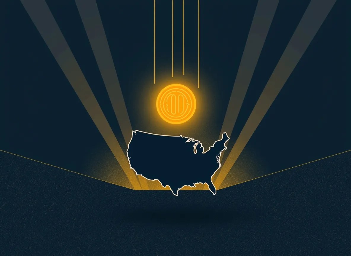 AI regulation debate symbolized through a glowing AI core above a stylized U.S. map