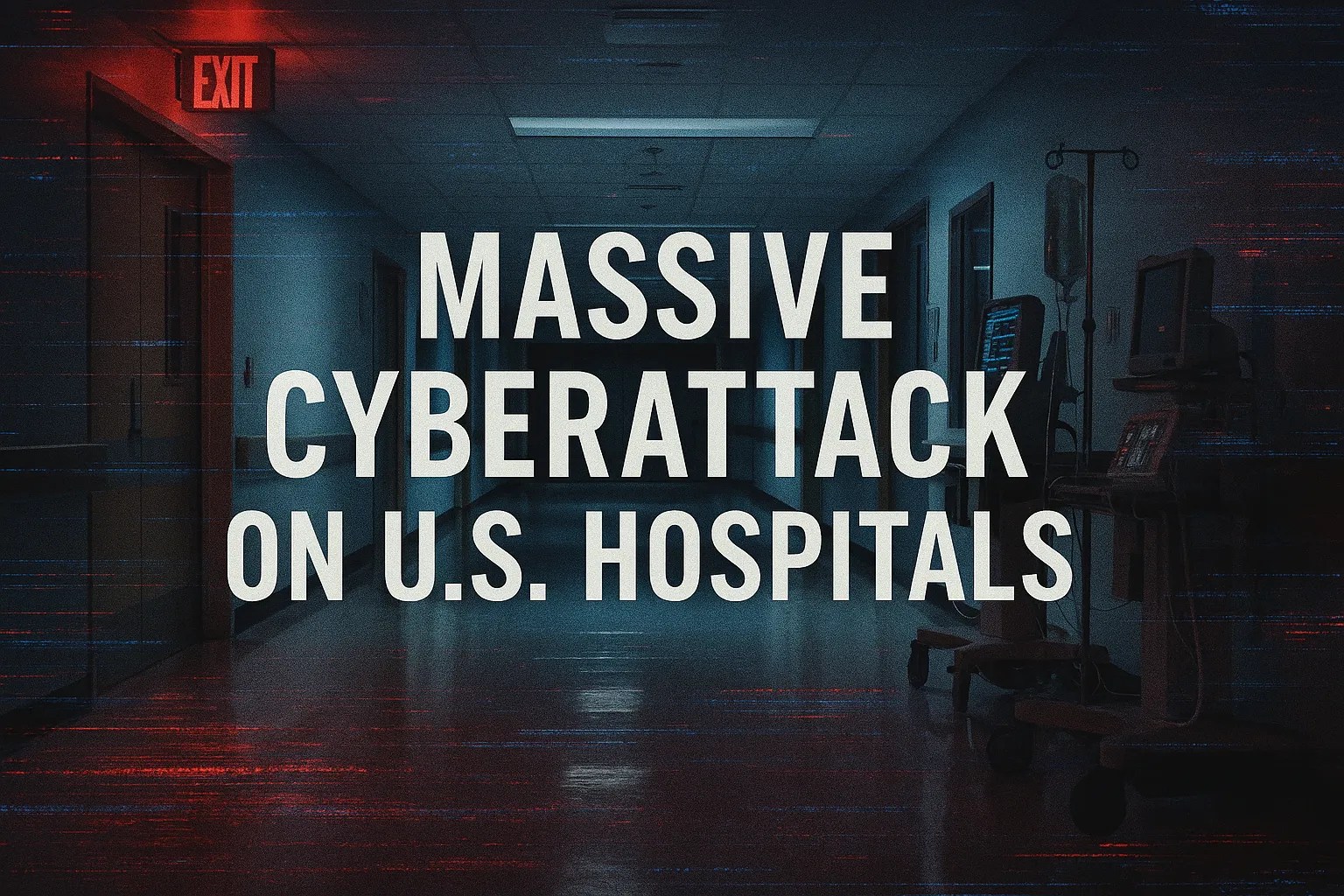 Blackout‑26 cyberattack disrupts hospital corridor systems with glitch effects and emergency lighting.