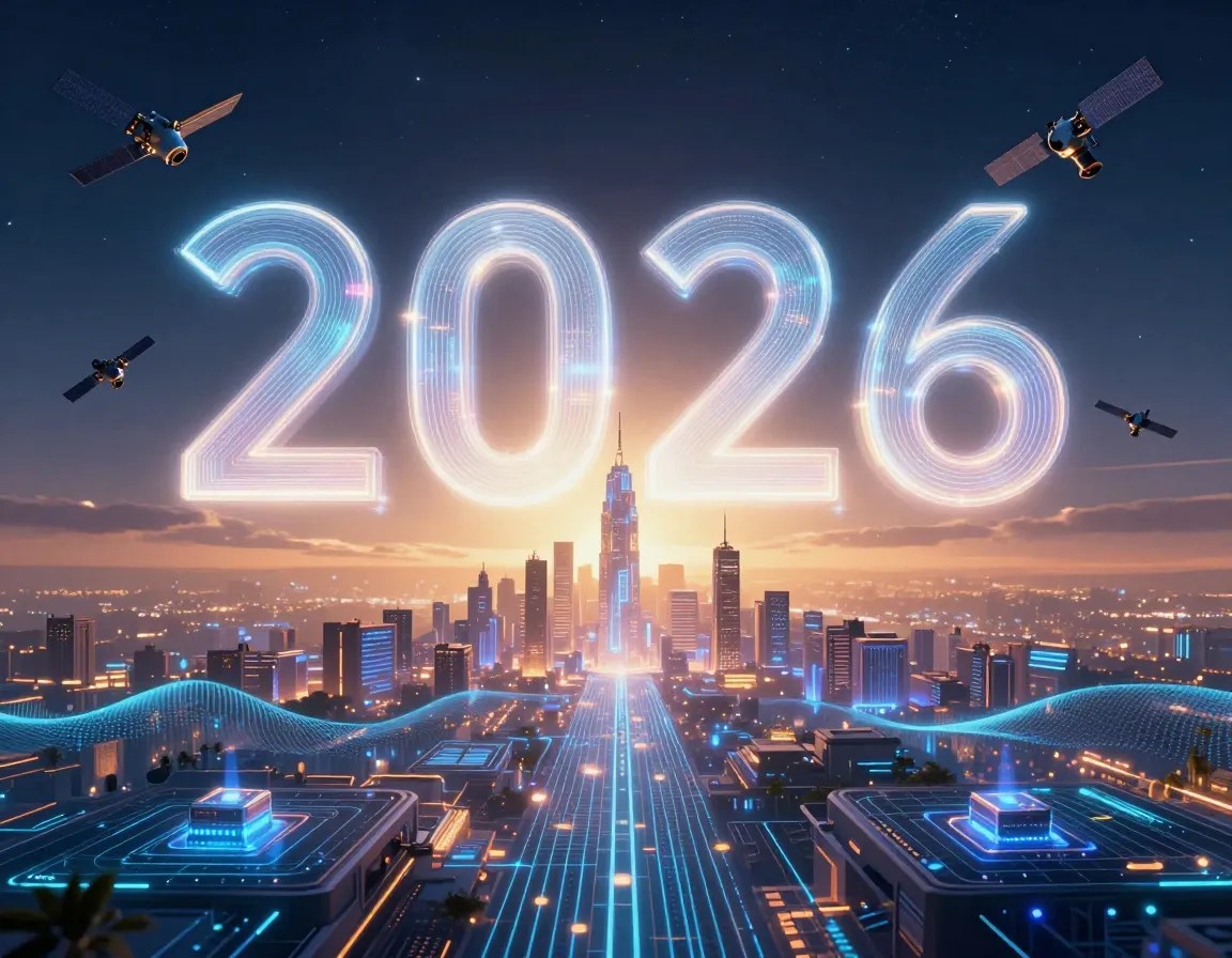 Technology shaping a futuristic horizon where artificial intelligence, smart cities, and advanced systems converge into one vision of 2026