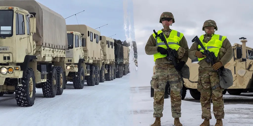 Minneapolis skyline at dusk with National Guard vehicles positioned near government buildings during rising tensions
