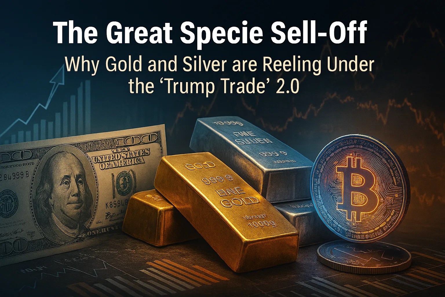 Silver and gold bars declining in value as Bitcoin and the U.S. Dollar rise in 2026 financial markets