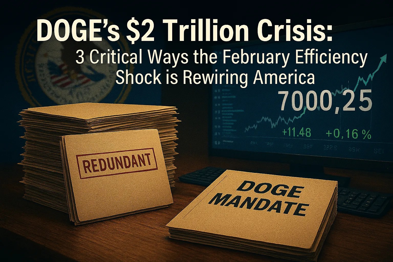 DOGE mandate folders and rising S&P 500 chart illustrating America’s 2026 fiscal restructuring