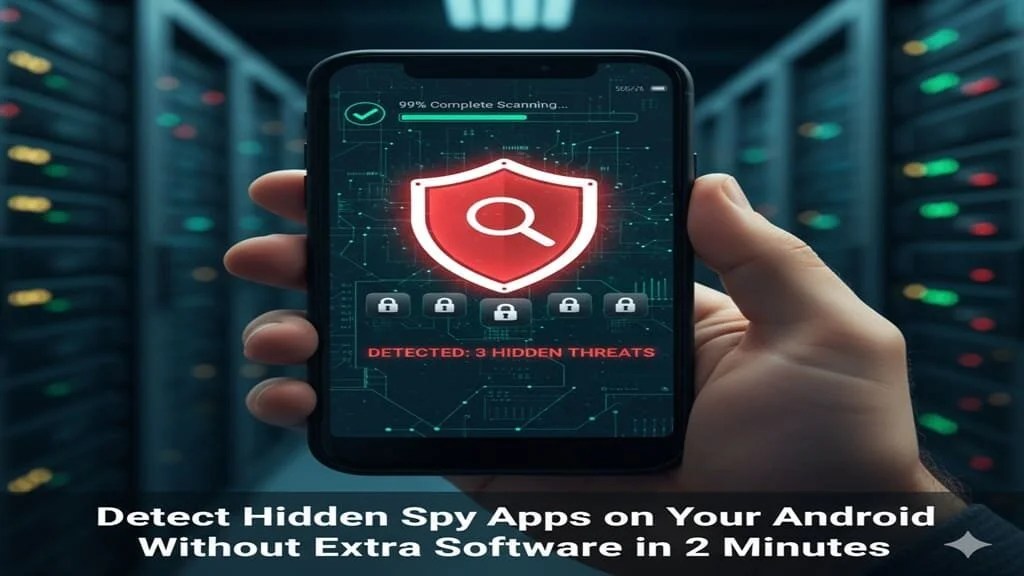 Android phone screen showing hidden spy app detection methods with magnifying glass revealing suspicious apps, security shield icon, and warning symbols on dark blue background