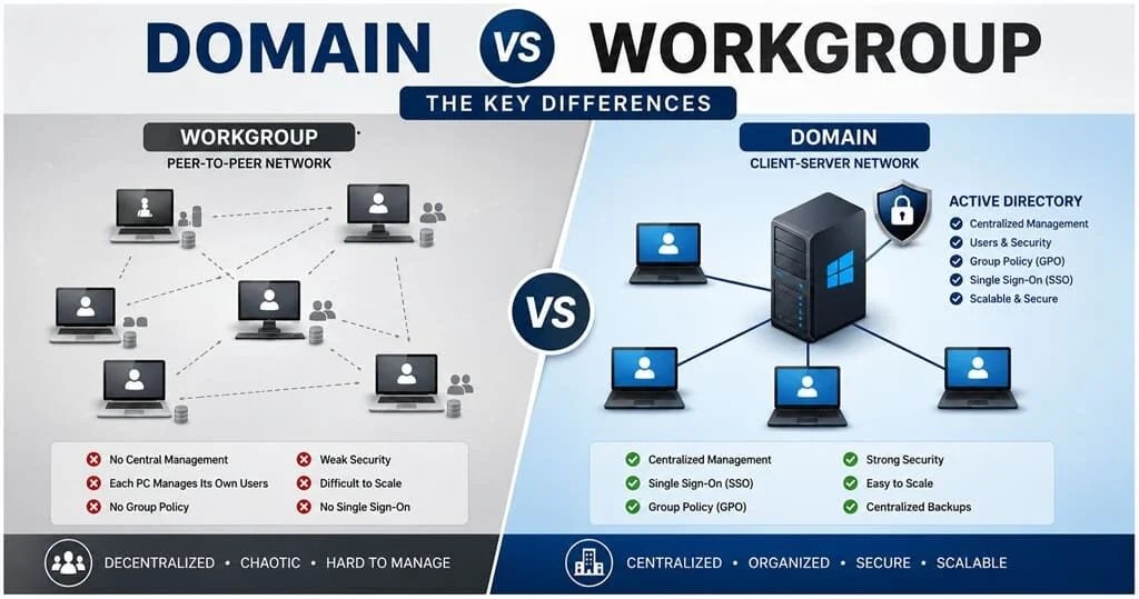 An illustration comparing a chaotic peer-to-peer Workgroup to a highly organized client-server Domain network.