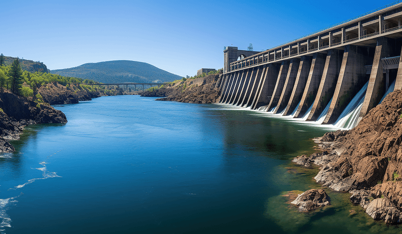 Concrete water supply dam discharging through its spillways into a blue river between forested hills