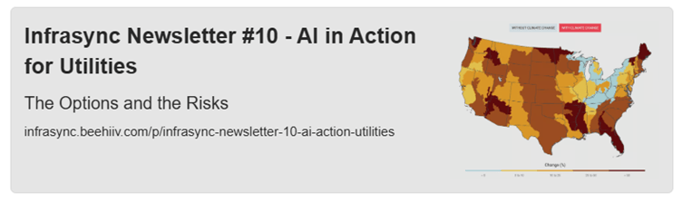Link preview card for InfraSync Newsletter #10, AI in Action for Utilities: The Options and the Risks, with a choropleth map of the United States