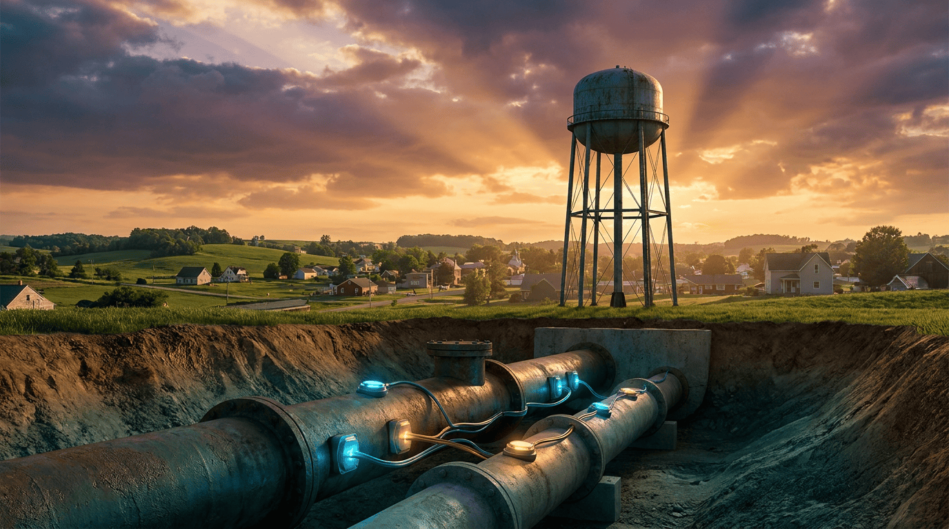 Water pipeline exposed in a trench with glowing sensor connections along it, a water tower and rural town behind at sunset