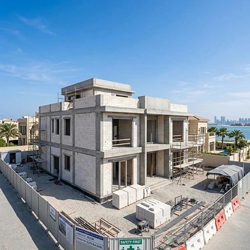 Luxury villa reinforced-concrete and blockwork structure under construction in Kuwait, with Kuwait Towers skyline visible in the background and project boards of Al Qifai Holding Vela Project and Elute Builders.