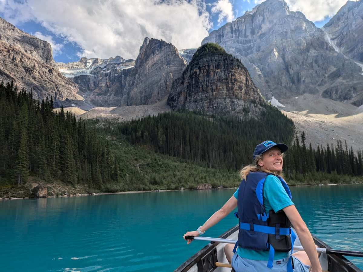 Attie guiding Kayaking activity for Backroads on Moraine Lake
