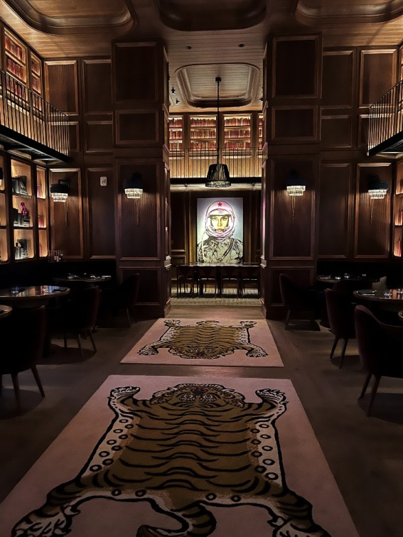 Library room with animal rugs and picture at end.