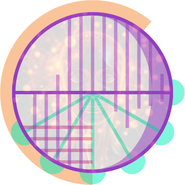 Abstract graphic featuring a circular design with a stylized face in the background, overlaid with geometric shapes and lines in vibrant colors.