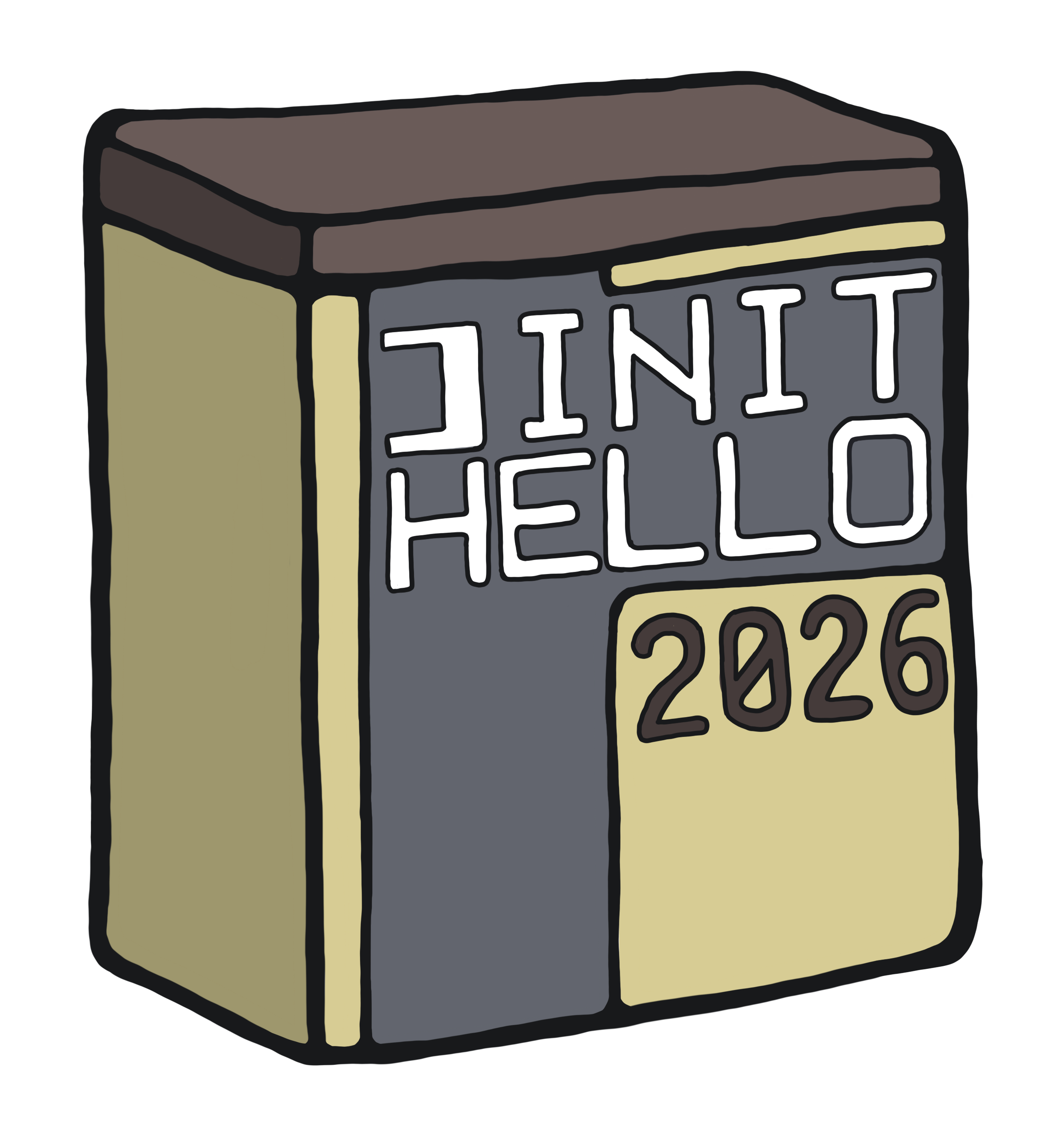 Yellow, red, and blue spice tin with the text "]INIT HELLO 2026" on the front in white block lettering.