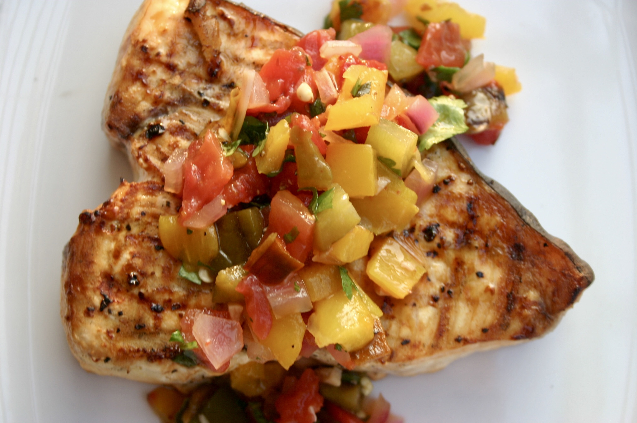 Grilled Swordfish Topped With Smoke Roasted Salsa Ink & Embers