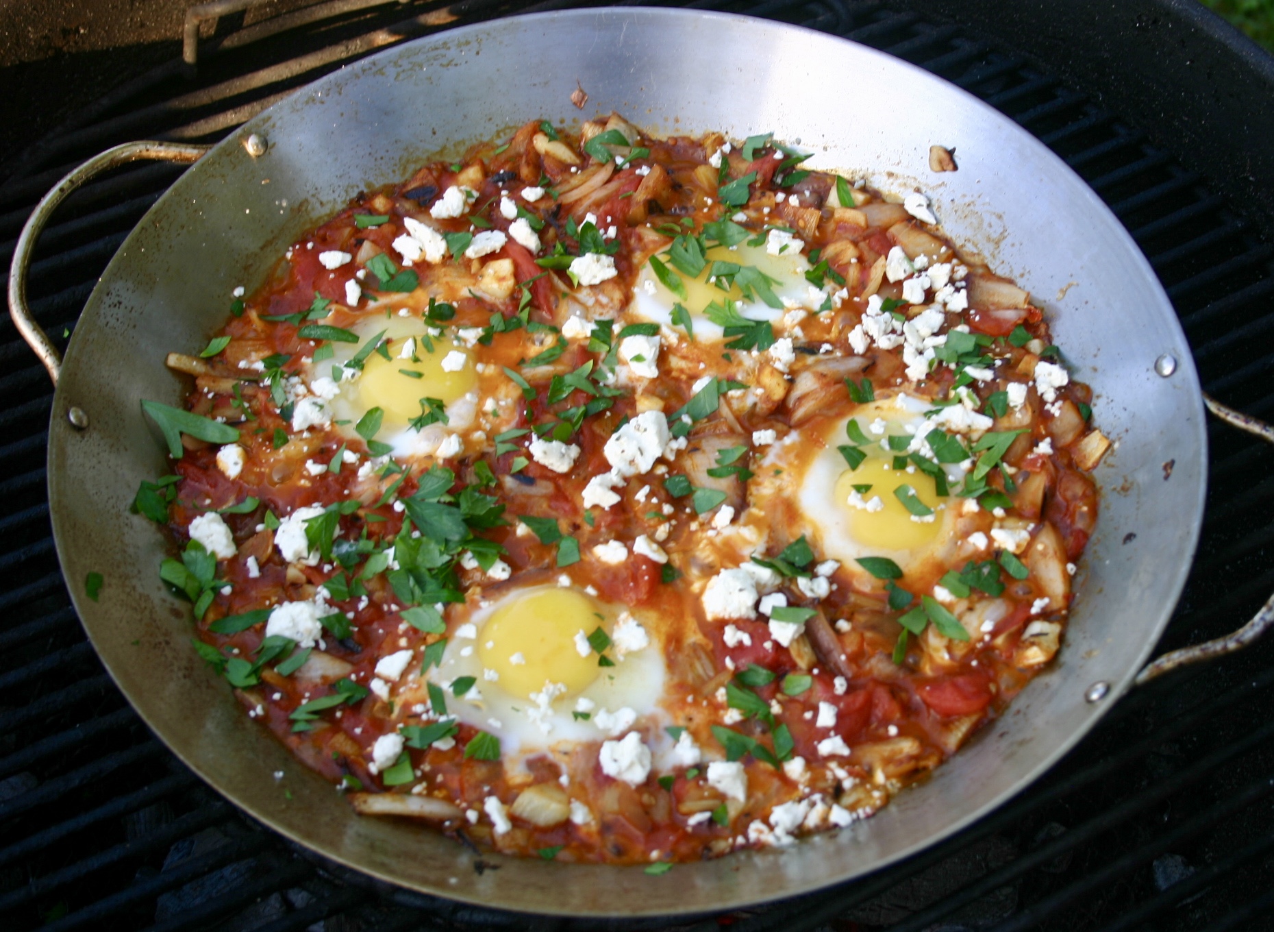 Feta and Parsley topped Shakshouka on the grill