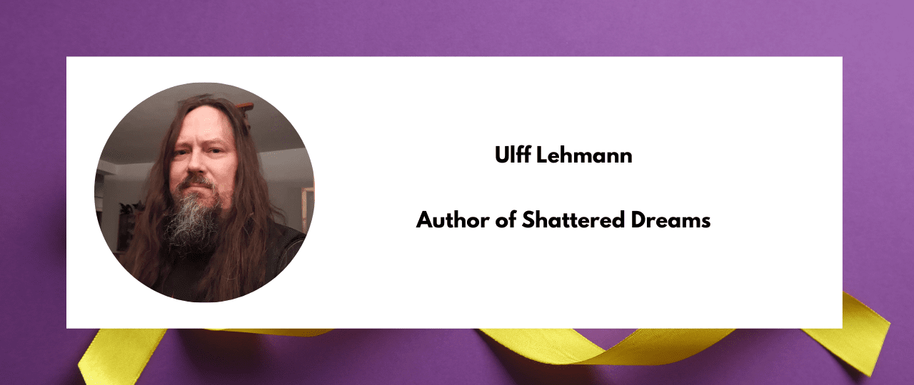 Profile Card for Ulff Lehmann Author of Shattered Dreams behind the profile photo and card is a mental health awareness ribbon and purple background