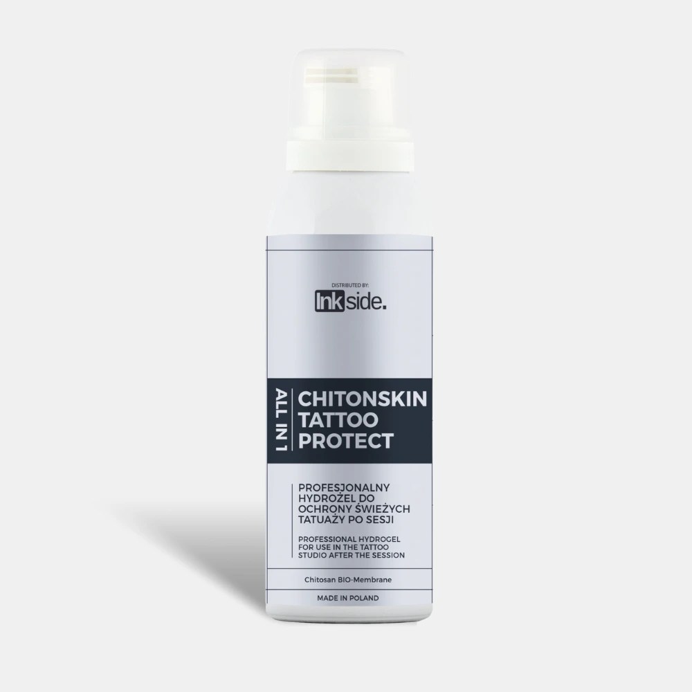 Puszka Inkside Chitonskin tattoo protect do zabezpieczania świeżego tatuażu 85ml na szarym tle