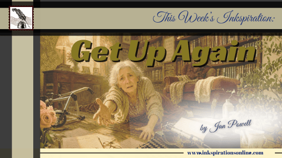 elderly woman lies fallen on the floor reaching for help near a walker and a typewriter with title get up again