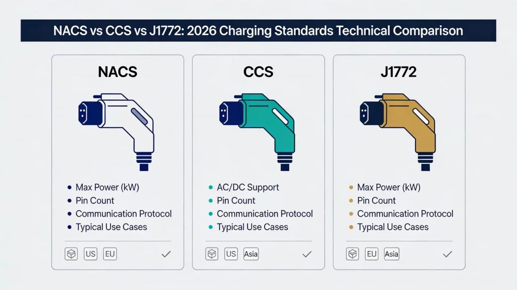 NACS Vs CCS Vs J1772 2026 Charging Standards Technical Comparison Charging Standards Technical Comparison Scaled 1