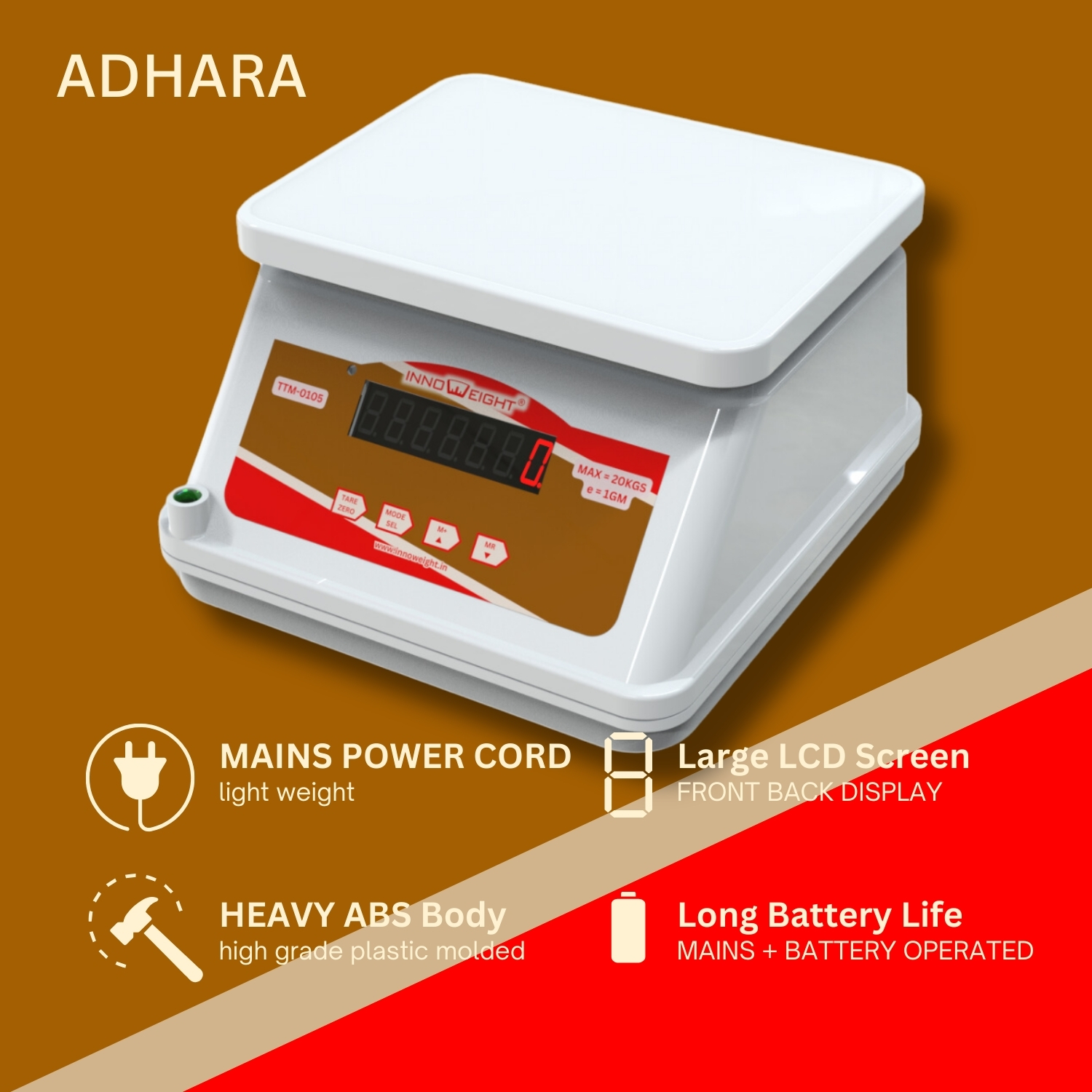 Innoweight® Adhara Digital Weighing Scale. Table Top Model With Rugged Abs Body. 10kg, 20kg Capacity